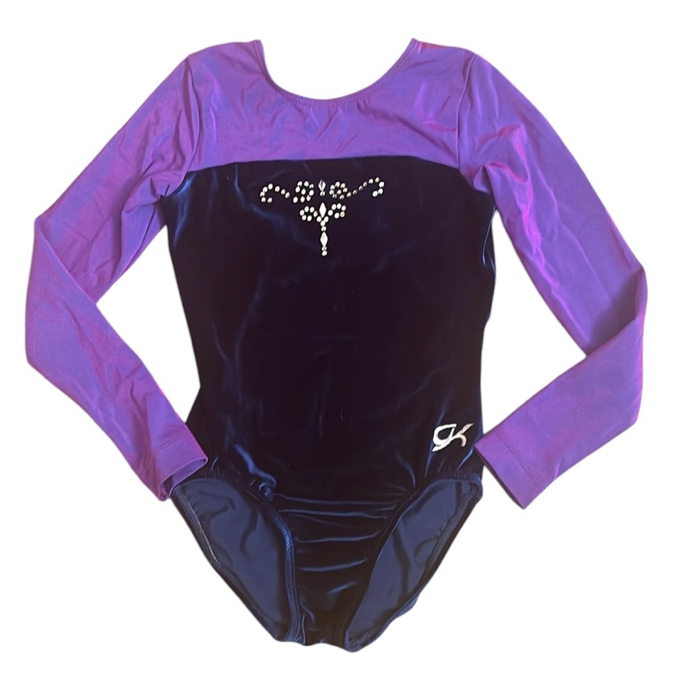 GK ELITE Blue and Purple Velvet Rhinestone Leotard Size Child Large
